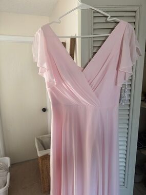 David's Bridal Light Pink V-Neck Flutter-Sleeve Maxi Dress